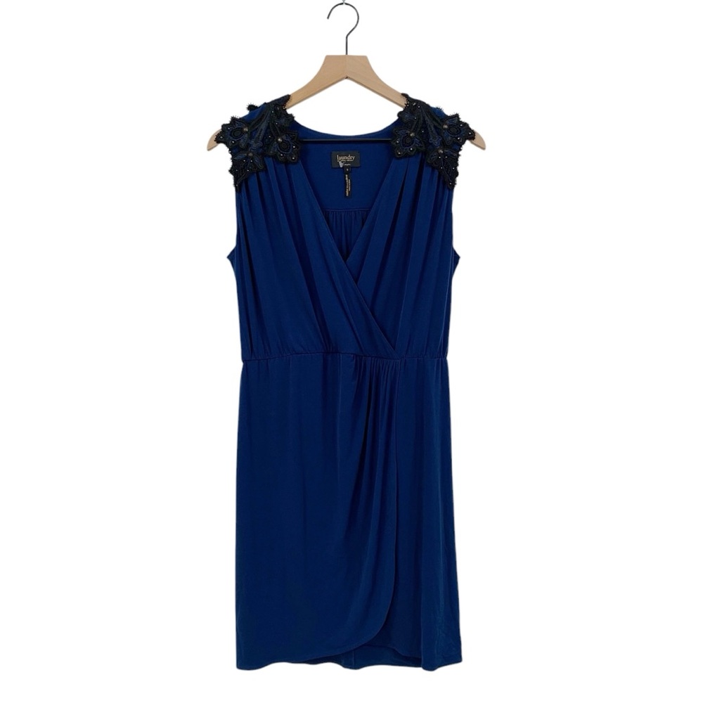 Laundry Cobalt Blue with Black Embroidered Appliqué Faux Wrap Midi Dress - Picture 2 of 7